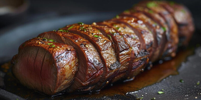 Bacon Wrapped Venison Tenderloin with Garlic Cream Sauce