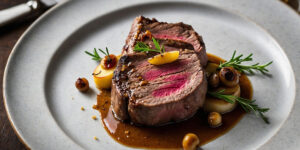 Roated venison loin with a balsamic reducing pan sauce