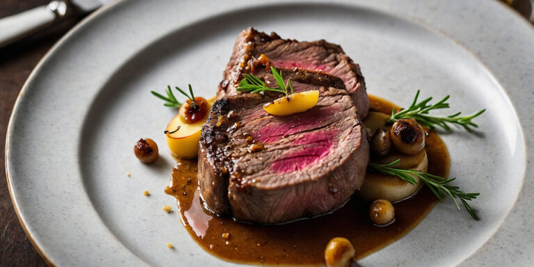 Roated venison loin with a balsamic reducing pan sauce